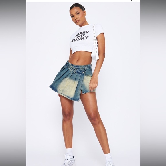 NWT PLT Indigo Vintage Wash Asymmetric Micro Denim Mini Tennis Skirt y2k - Picture 1 of 7